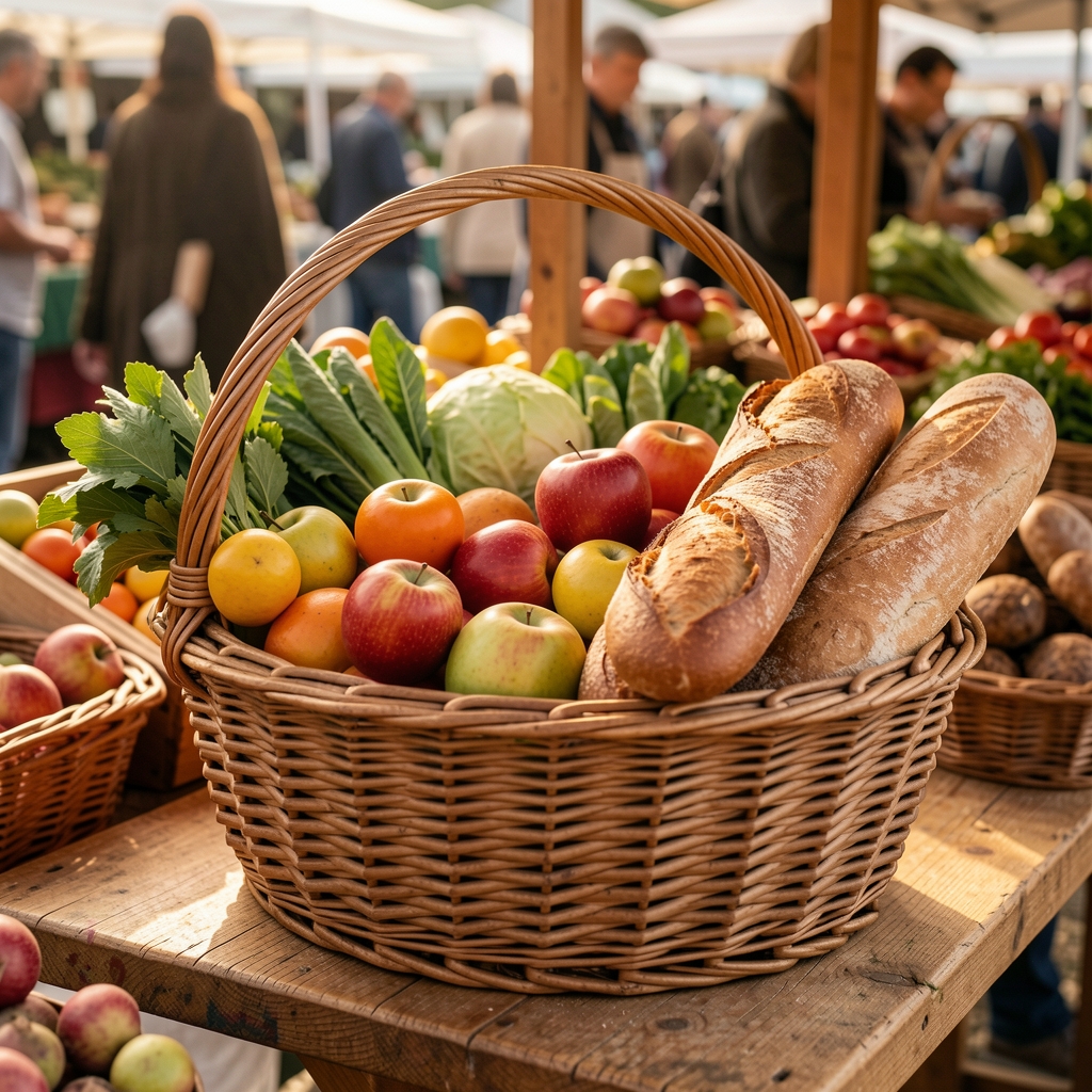 Różnorodne produkty spożywcze w koszyku na targu – owoce, warzywa, pieczywo – uchwycone w ciepłym, naturalnym świetle